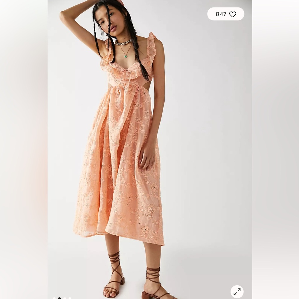 For Love & Lemons Frances Free People Midi Lace Pink/Peach Dress (S)